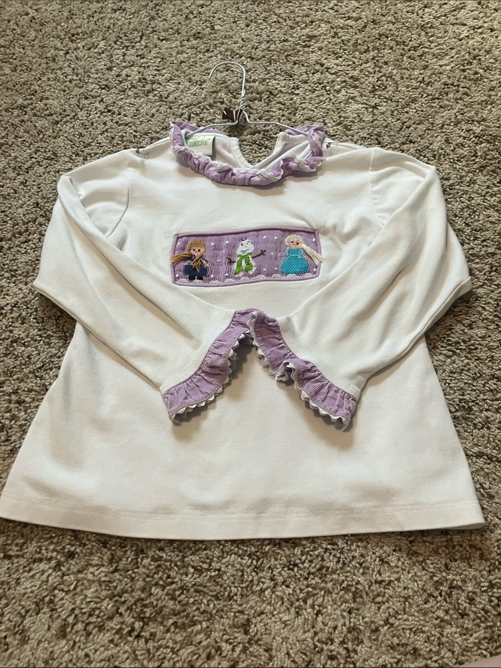 Girls White Long-Sleeve Top with Lavender Ruffle & Embroidered Frozen Characters
